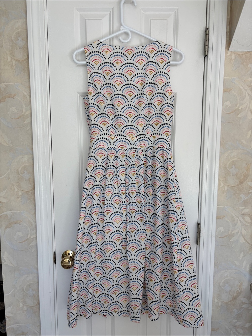 Boden Cotton/Linen Sleeveless V-Neck White Dress with Multicolor Dot Fan Print - Picture 10 of 14